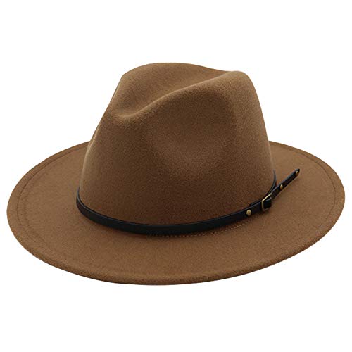 DRESHOW Women Classic Felt Fedora Wide Brim Floppy with Belt Buckle Panama Hat - color: 1 Pc Fedora Hat: Brown