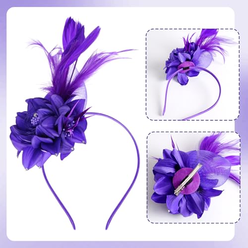 Pistha Fascinators Hats for Women, Fascinators Headband Pearl Mesh Feather Headpiece for Wedding Cocktail Tea Party Accessory - color: Purple