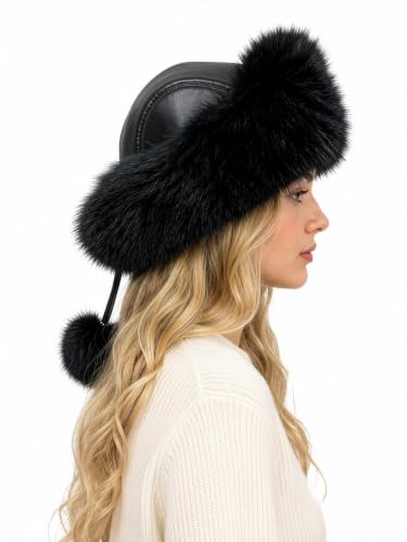 DLNYC Women’s Faux Leather Winter Hat with Faux Fur Trim, Soft Lined Cap with Hanging Cords & Pom-Poms, Warm Stylish Hat - color: Black