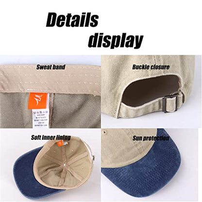 LANGZHEN Unisex Baseball Cap 100% Cotton Fits Men Women Washed Denim Adjustable Dad Hat - color: Khaki Mixed With Denim Blue