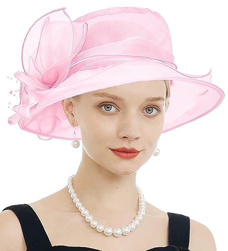 Women's Kentucky Derby Church Dress Hat Wide Brim Leaf Flower Bridal Shower Hat - color: F8 Pink