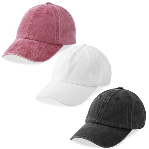 MEINICY 3 Packs Washed-Cotton Plain Baseball Cap, Adjustable Dad Hat - color: Black + White + Wine Red
