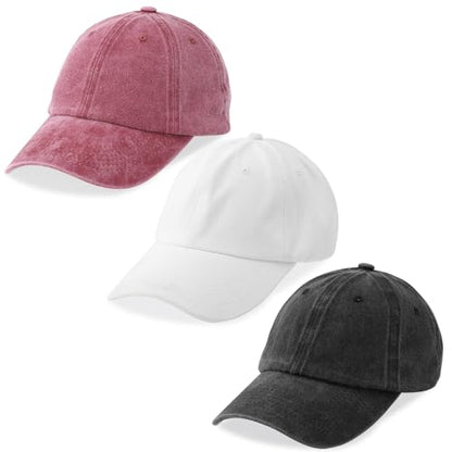 MEINICY 3 Packs Washed-Cotton Plain Baseball Cap, Adjustable Dad Hat - color: Black + White + Wine Red
