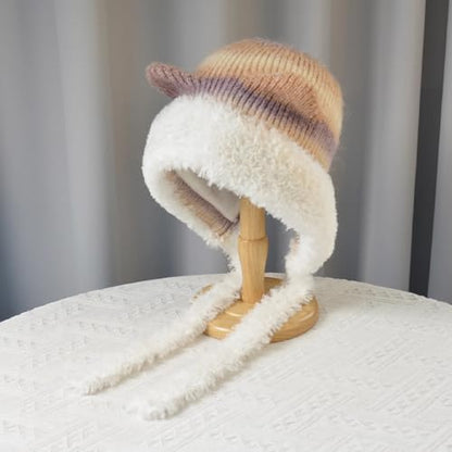 HUAMULAN Women Winter Sherpa Knit Beanie Hat Fleece Lined Ear Flaps - color: Khaki and White