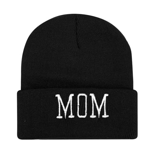 Letter Embroidered Beanie Hat Thanksgiving Gift Cuffed Skull Cap Knit Winter Warm Watch Hats for Women, Men - color: Mom Embroidered Black Hat