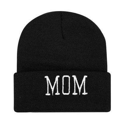 Letter Embroidered Beanie Hat Thanksgiving Gift Cuffed Skull Cap Knit Winter Warm Watch Hats for Women, Men - color: Mom Embroidered Black Hat