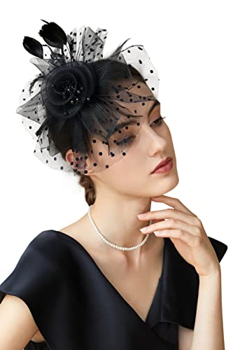 BABEYOND Fascinators Hats for Women Tea Party Flower Tulle Bead Derby Hat - color: Black