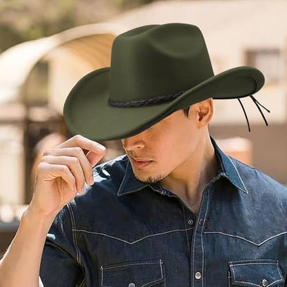 DRESHOW Western Cowboy Hat for Men Women Cowboy Cowgirl Hat Outdoor Wide Brim Retro Felt Fedora Hats Unisex Rolled up Caps - color: 1 Pack Style 9: Army Green With Braided Band