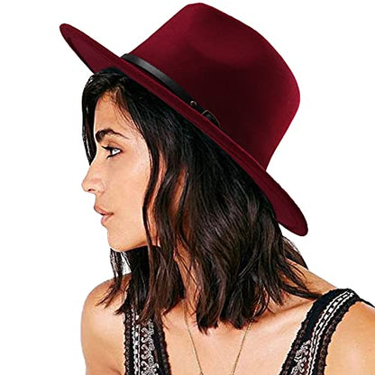 DRESHOW Women Classic Felt Fedora Wide Brim Floppy with Belt Buckle Panama Hat - color: 1 Pack: Felt Fedora Wine Red