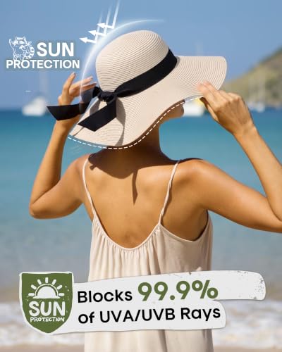 FURTALK Womens Sun Straw Hat Wide Brim Floppy Summer Beach Hats for Women - color: Beige, size: Large-X-Large