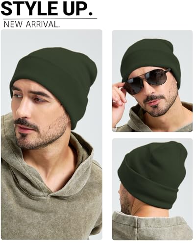 100% Cotton Beanie Lengthen Cuffed Beanies Knit Winter Hats Unisex - color: 1-olive Green
