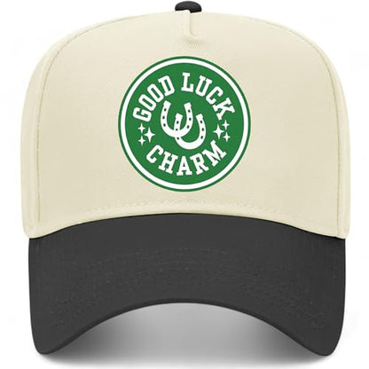 Good Luck Charm Circle Hat | Premium Adjustable Snapback Baseball Trucker Hats for Men & Women - color: Black/Natural