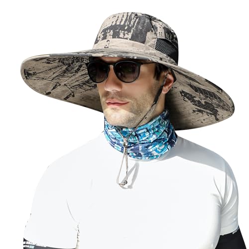 ALANGDUO XXL Big Head & Super Wide Brim Sun Hats for Men, XXL Large Fishing Sun Hat for Safari Gardening,Hiking - color: Ink Khaki