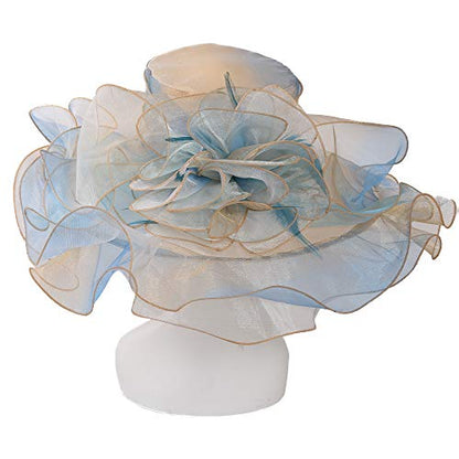 Women Oganza Sun Hat Church Wide Brim Wedding Formal Fascinator Hat - color: Light Blue