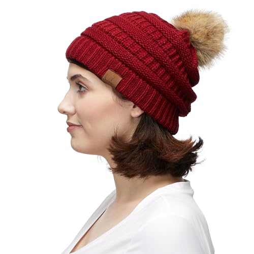 C.C Fur Pom Winter Fall Trendy Chunky Stretchy Cable Knit Beanie Hat - color: Solid Burgundy