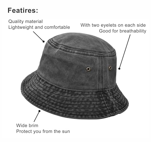 Bucket Hat, Wide Brim Washed Denim Cotton Outdoor Sun Hat Flat Top Cap for Fishing Hiking Beach Sports - color: Black