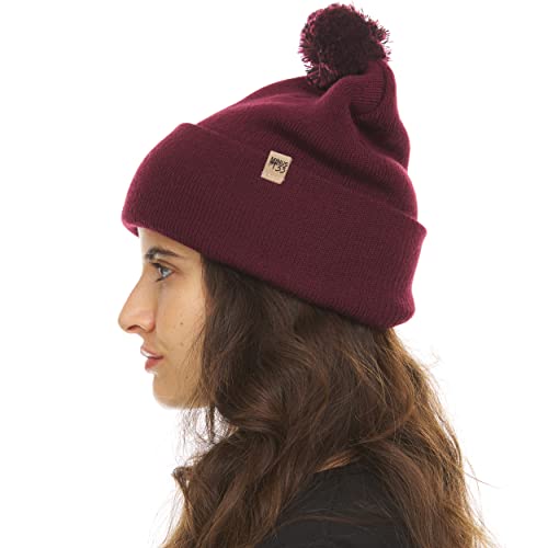 100% Merino Wool - Midweight Cuff Pom Beanie - Winter Pom Pom Hat - color: Burgundy With Black and Burgundy Pom
