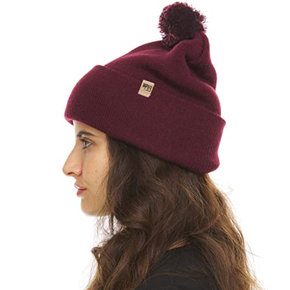 100% Merino Wool - Midweight Cuff Pom Beanie - Winter Pom Pom Hat - color: Burgundy With Black and Burgundy Pom