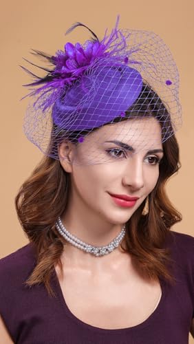 Fascinators Hats for Women Pillbox Hat 20s 30s 50s Vintage Feather Headwear Bowler Flower Veil Wedding Tea Party Hat - color: X-purple