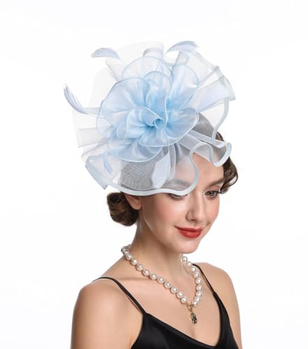 Women's Organza Church Vintage Wedding Fascinator Tea Party Wedding Hat Summer - color: Hj2-light Blue