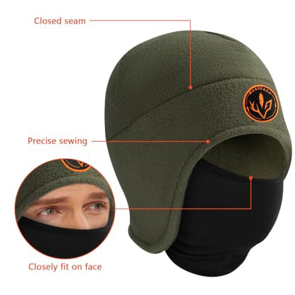BASSDASH Unisex Soft Fleece 2-in-1 Hat with Mask Ear Flap - color: Army Green