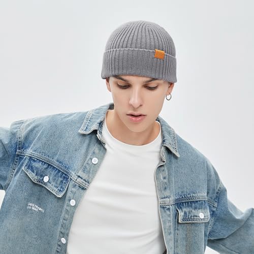 100% Merino Wool Fisherman Beanie Hat, Unisex Warm Winter Hats, Soft Breathable Knitted Short Cuffed Cap - color: Light Grey
