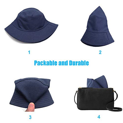 Bucket Hat for Women Men, Reversible Cotton Summer Sun Beach Cap Solid Color Style - color: A-navy