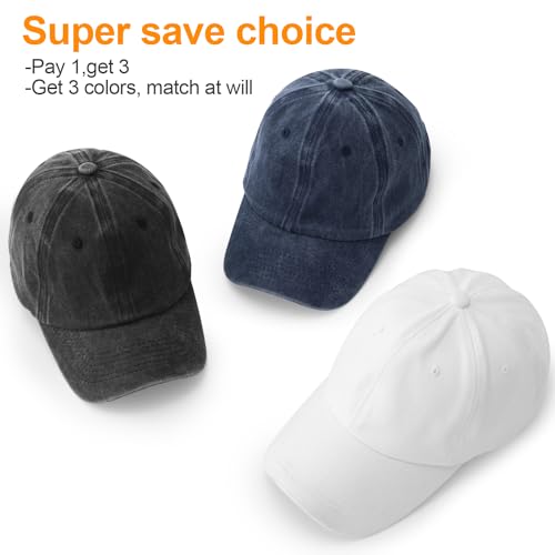 MEINICY 3 Packs Washed-Cotton Plain Baseball Cap, Adjustable Dad Hat - color: Black + Navy Blue+ White