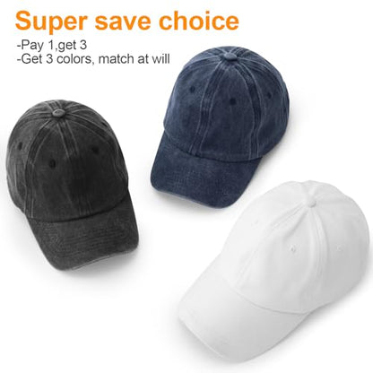 MEINICY 3 Packs Washed-Cotton Plain Baseball Cap, Adjustable Dad Hat - color: Black + Navy Blue+ White