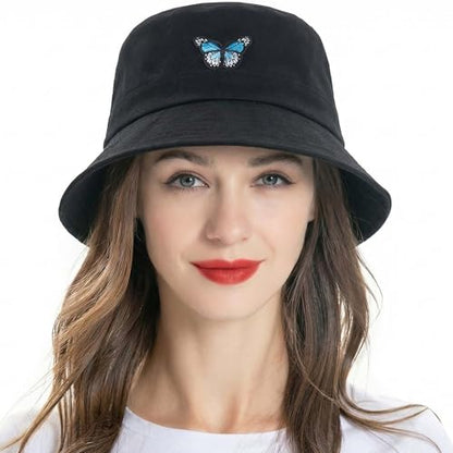 ZLYC Cotton Bucket Hat for Women Men Embroidered Packable Summer Sun Cap - color: Butterfly Black