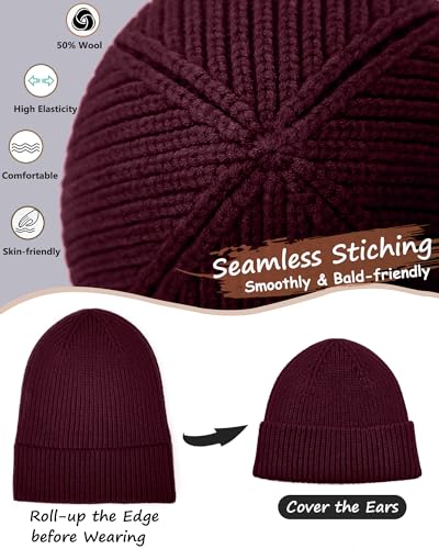 Wool Beanie for Men Women, Seamless Knit Cuffed Warm Winter Hats - color: 1pcs-wine Red