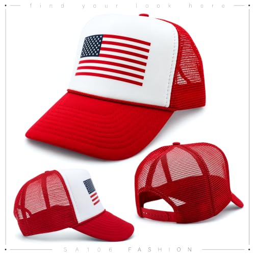 American Flag Patriotic USA Classic 5 Panel Mesh Snap Back Trucker Hat - color: Red - Flag