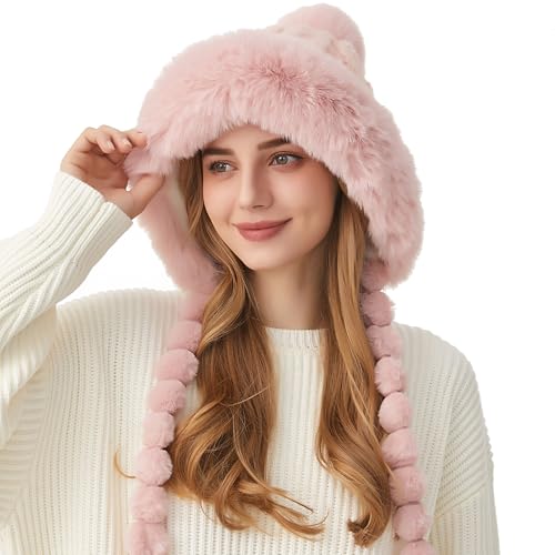 HUAMULAN Women Winter Sherpa Beanie Hats Knit Ear Flaps Fleece Lined - color: Pink With Braids