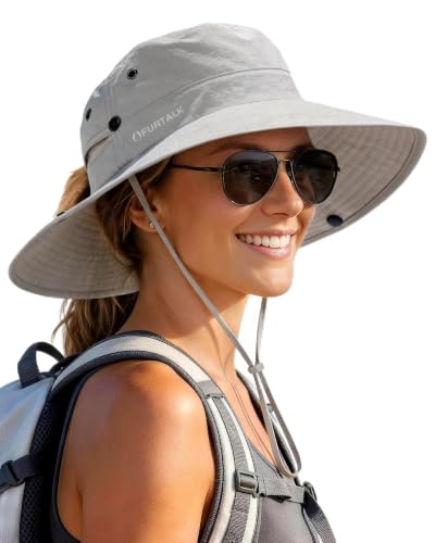 FURTALK Sun Hats for Women Wide Brim Bucket Hat Ponytail Hole Outdoor UPF - color: Grey
