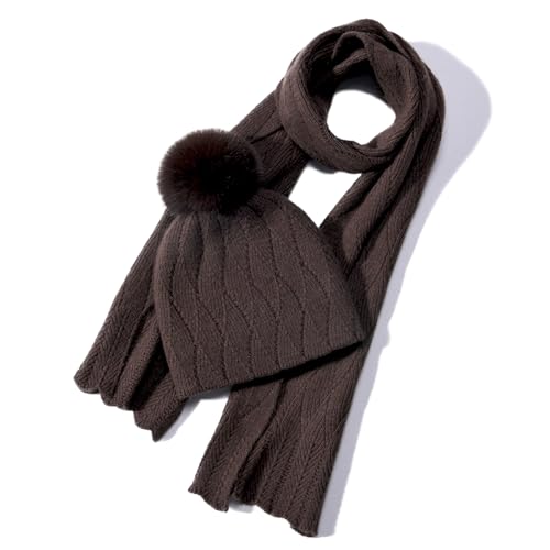 Knit Hat Scarf Set with Detachable Pom Pom, Wool Blend Winter Beanie & Long Scarf, Cold Weather Accessories for Women - color: Brown