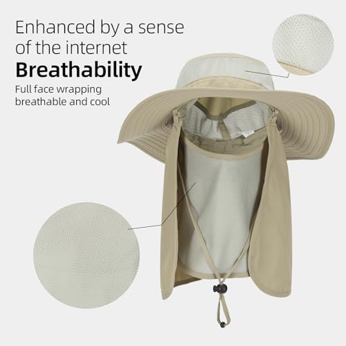 Fishing Hat, UPF 50+ Sun Cap with Detachable Mask - color: Khaki