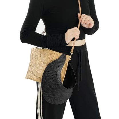 Straw Sun Visors Womens, Ponytail Beach Straw Visor, Packable Summer Sun Hats for Women Travel - color: Black