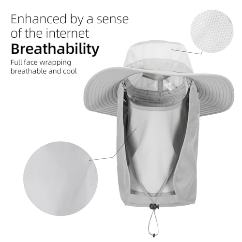 Fishing Hat, UPF 50+ Sun Cap with Detachable Mask - color: Light Grey