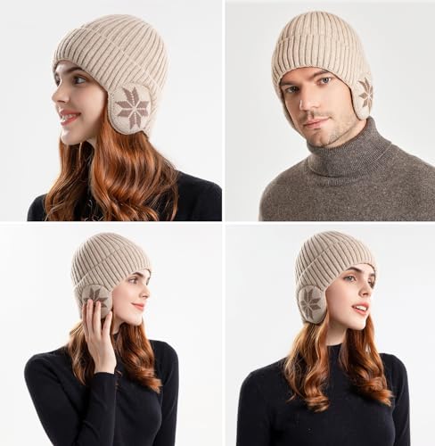 Knit Beanie Hat with Earflaps – Winter Warm Thick Fleece Lined Ski Skull Cap for Men Women - color: Beige