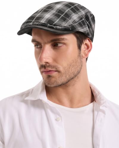 ZLYC Men Summer Flat Cap Scally Ivy Gatsby Newsboy Beret Driver Hat - color: Plaid Black