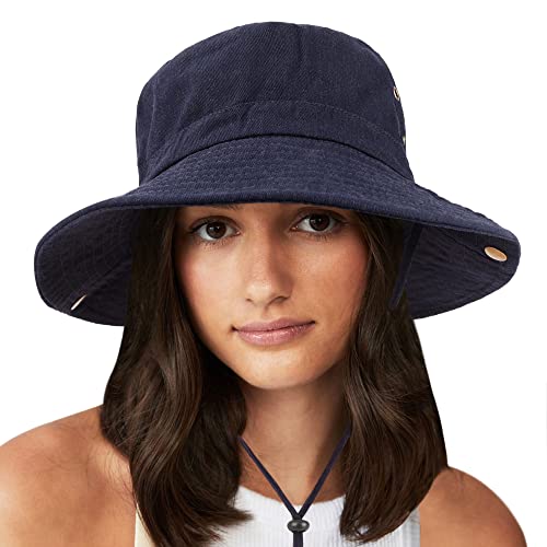 Unisex Cotton Boonie Hat Summer Fishing Bucket Hat Sun Hat with String - color: Solid Dark Blue