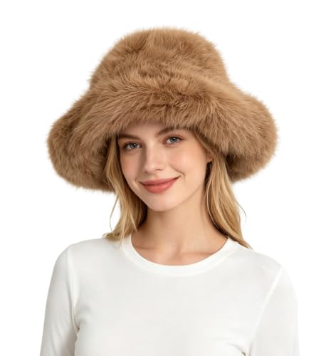 Lina & Lily Oversized Winter Faux Fur Bucket Hat for Women - Long Pile Fur Wide Moldable Brim - color: Camel