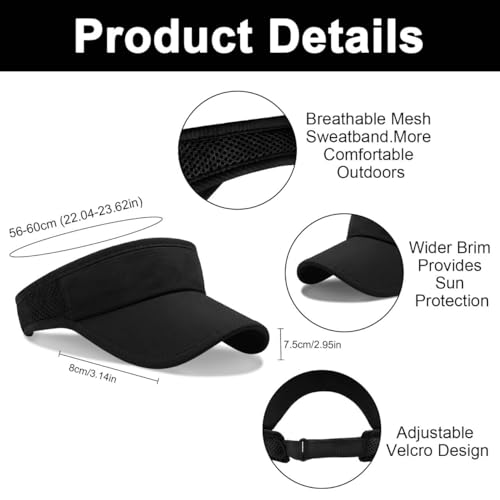 YAMEIZE Sun Visors for Women Men Wide Brim Running Golf Tennis Ponytail Sun Visor for Sport Summer - color: Black