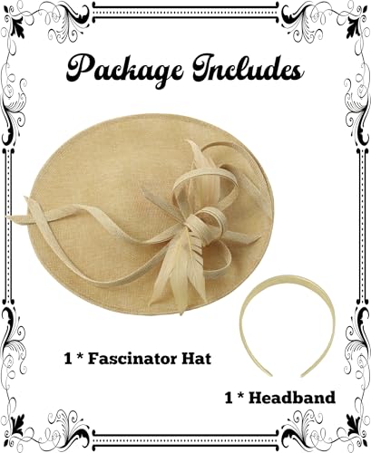 Kidukso Fascinators Hat 20s 50s for Women Derby Hat Vintage Feather Headband for Tea Party Church Wedding Cocktail - color: Khaki