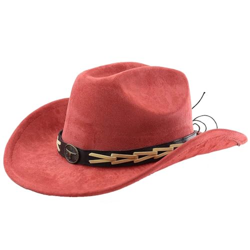 Western Cowboy Hat for Women Men with Band Wide Brim Suede Cowboy Cowgirl Hat Western Style Hat - color: Brick-red