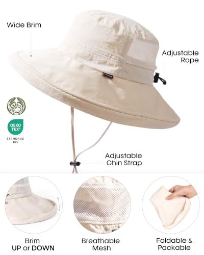 FURTALK Sun Hats for Women Wide Brim Ponytail UV Packable Hiking Travel - color: Beige