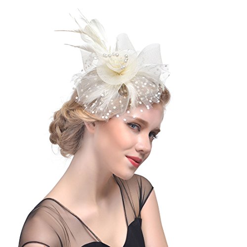 SAFERIN Women's Fascinators Feathers Tea Party Hat Veil Headband with Hair Clip for Cocktail Church - color: Ta7-beige