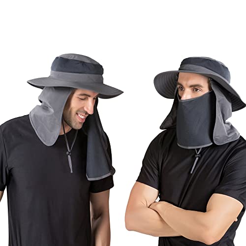 Outdoor Sun Hat UPF 50 Protection Waterproof Fishing hat Face Cover Summer Neck Flap Hat - color: Dark Gray