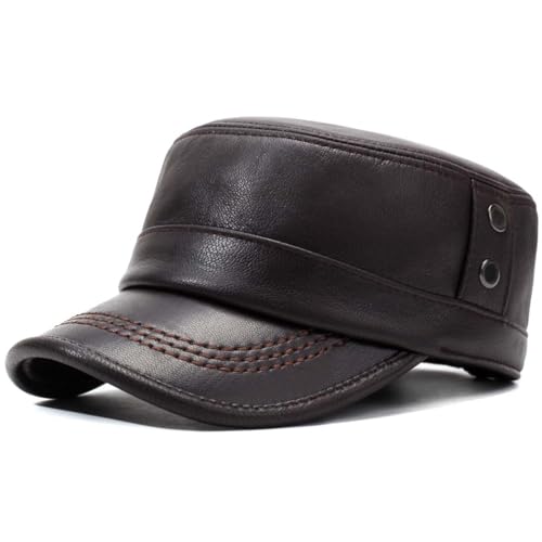 Men's Genuine Leather Cadet Army Caps Military Style Hat Flat Top Cap - color: Brown