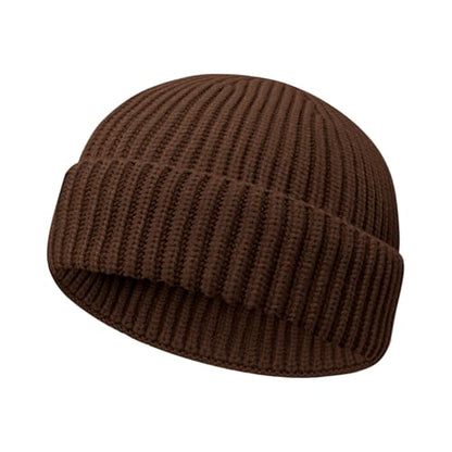 Wool Fisherman Beanies for Men Women Short Cuff Knit Beanie - color: Brown